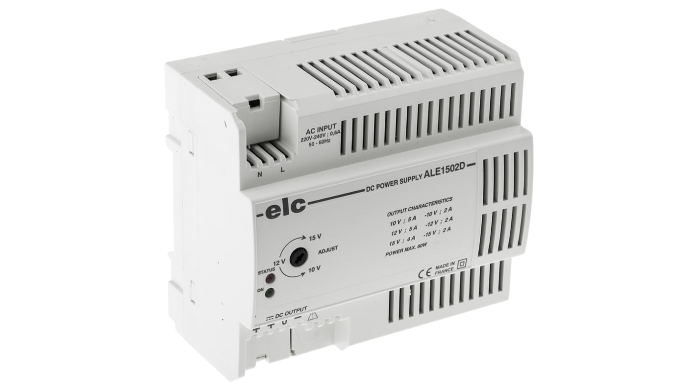 Alimentatore a montaggio su guida DIN ELC, 12 V dc, 24 V dc, ±15V cc, 2A, 230V ca, 60W