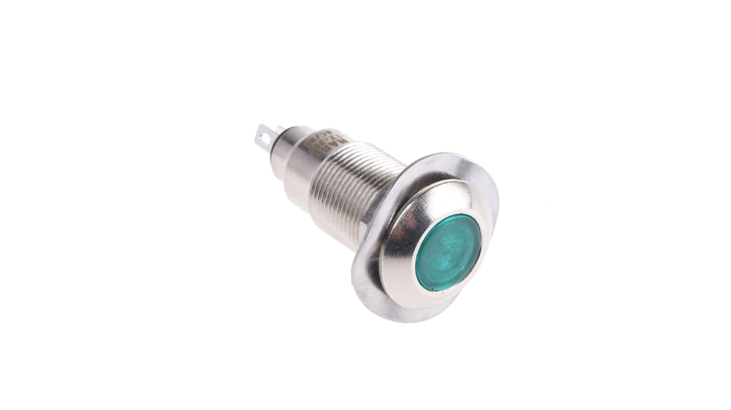 Marl 绿色LED面板指示灯, 12 → 28V, 6 → 16mA, Φ12.7mm安装孔, 焊片端接, 凸型边框, 黑色边框, IP67