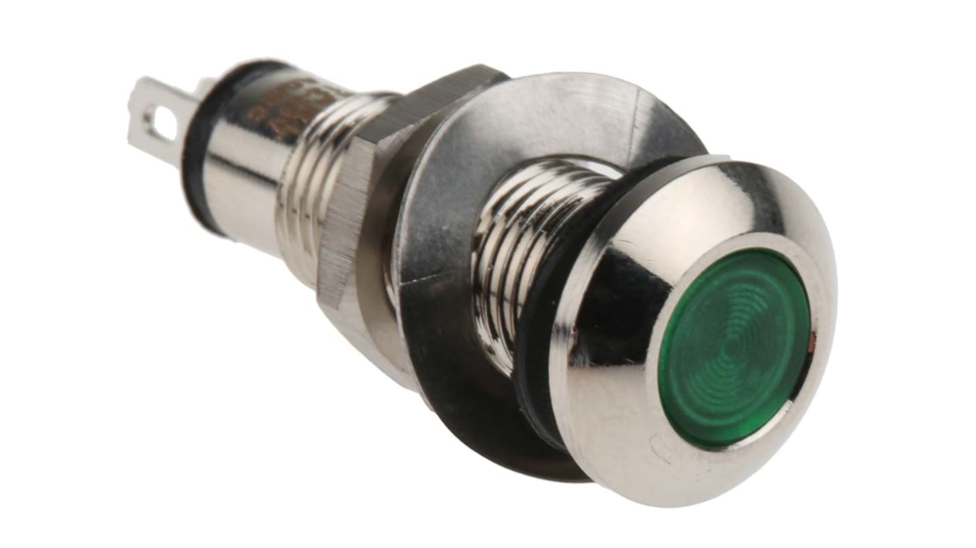 Marl Green Panel Mount Indicator, 12 → 28V, 8.1mm Mounting Hole Size, Solder Tab Termination, IP67