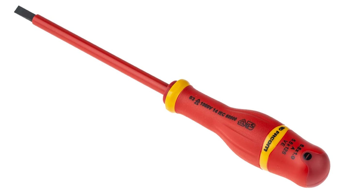 Facom Slotted Insulated Screwdriver, 5.5 x 1 mm Tip, 125 mm Blade, VDE/1000V, 235 mm Overall