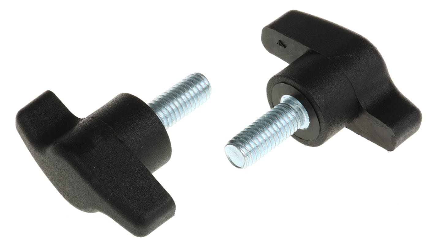 RS PRO Black Wing Clamping Knob, M8, Threaded Stud