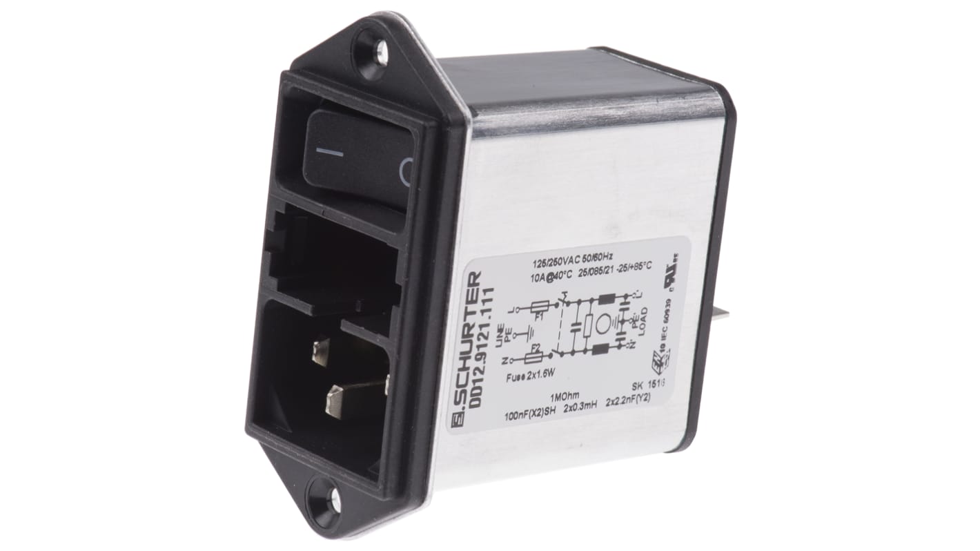 Schurter IEC規格 C14 IECフィルタコネクタ, 10A 250 V ac, 2ヒューズ 2極 パネルマウント