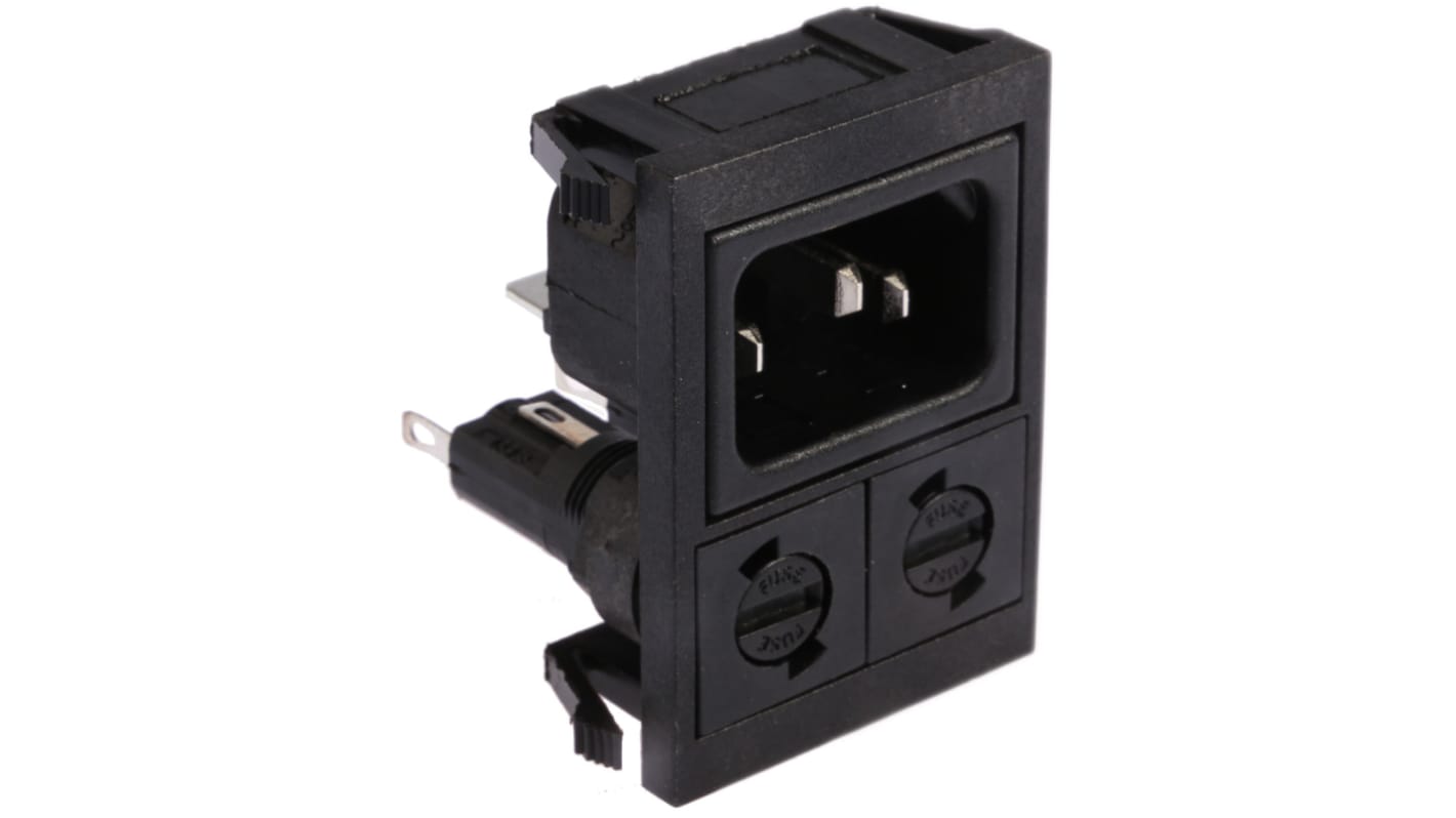Conector IEC C14 macho Bulgin, Recto, Encaje a Presión, 250 V, 10A, con 2 fusibles de 5 x 20mm