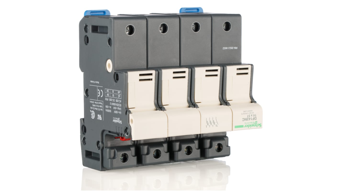 Schneider Electric 保险丝座, 14 x 51mm尺寸, 50A, 690V 交流, 导轨安装, 3P+N, DIN 35 mm导轨