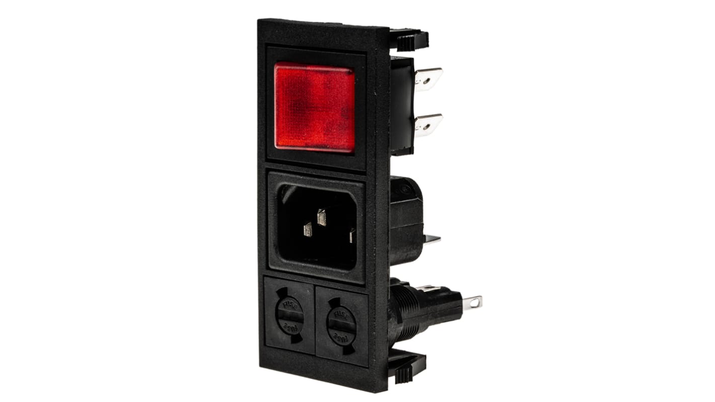 Connettore IEC C14 Bulgin Maschio, 10A, 250 V, 2 fusibili 5 x 20mm, montaggio a scatto