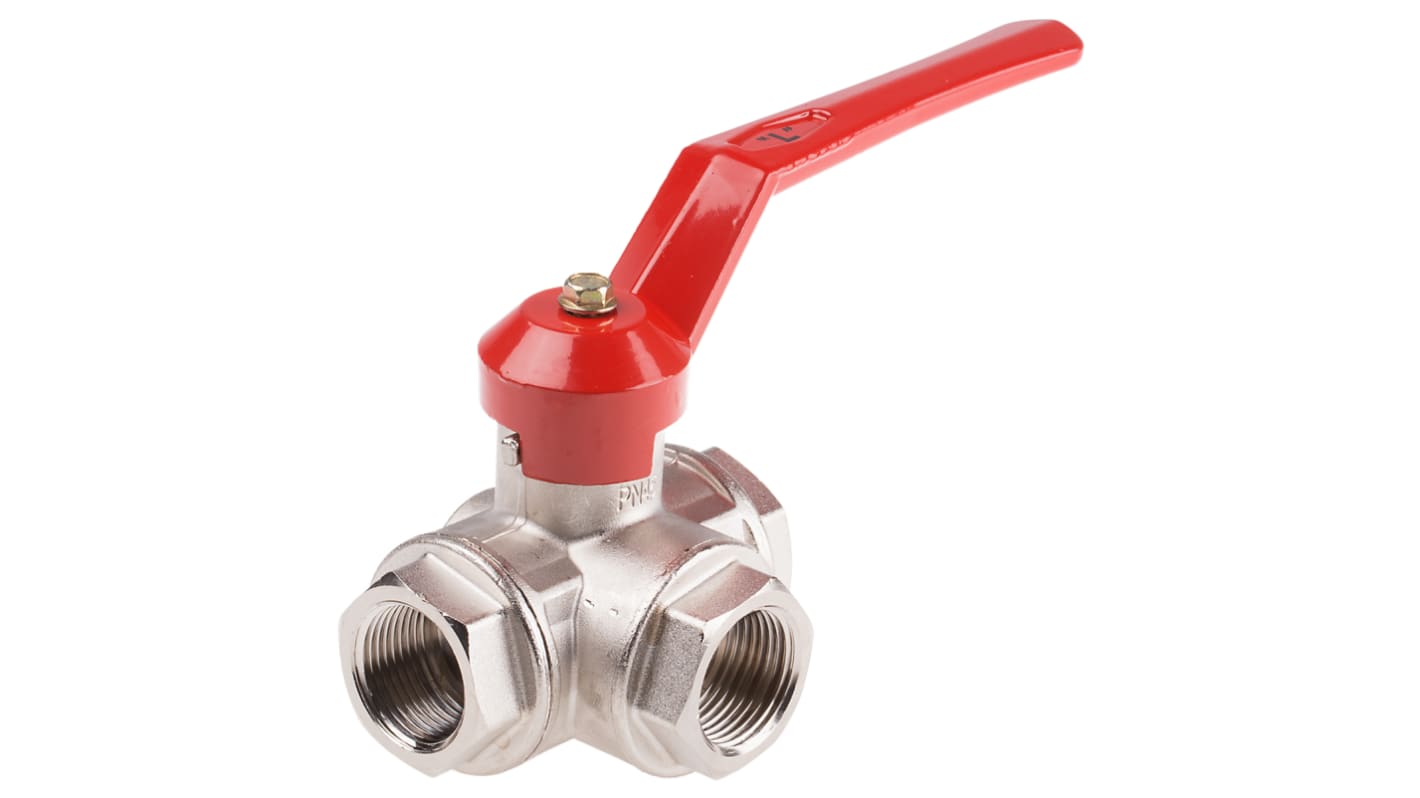 RS PRO Brass Reduced Bore, 3 Way, Ball Valve, Threaded, BSPP 1in, 25bar Operating Pressure