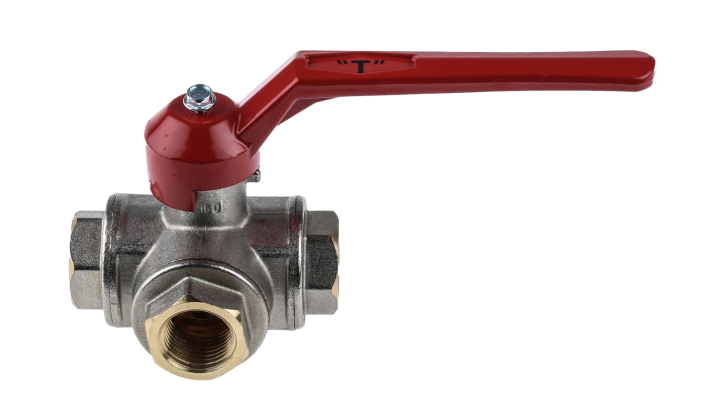 RS PRO Brass Reduced Bore, 3 Way, Ball Valve, Threaded, BSPP 1/2in, 40bar Operating Pressure