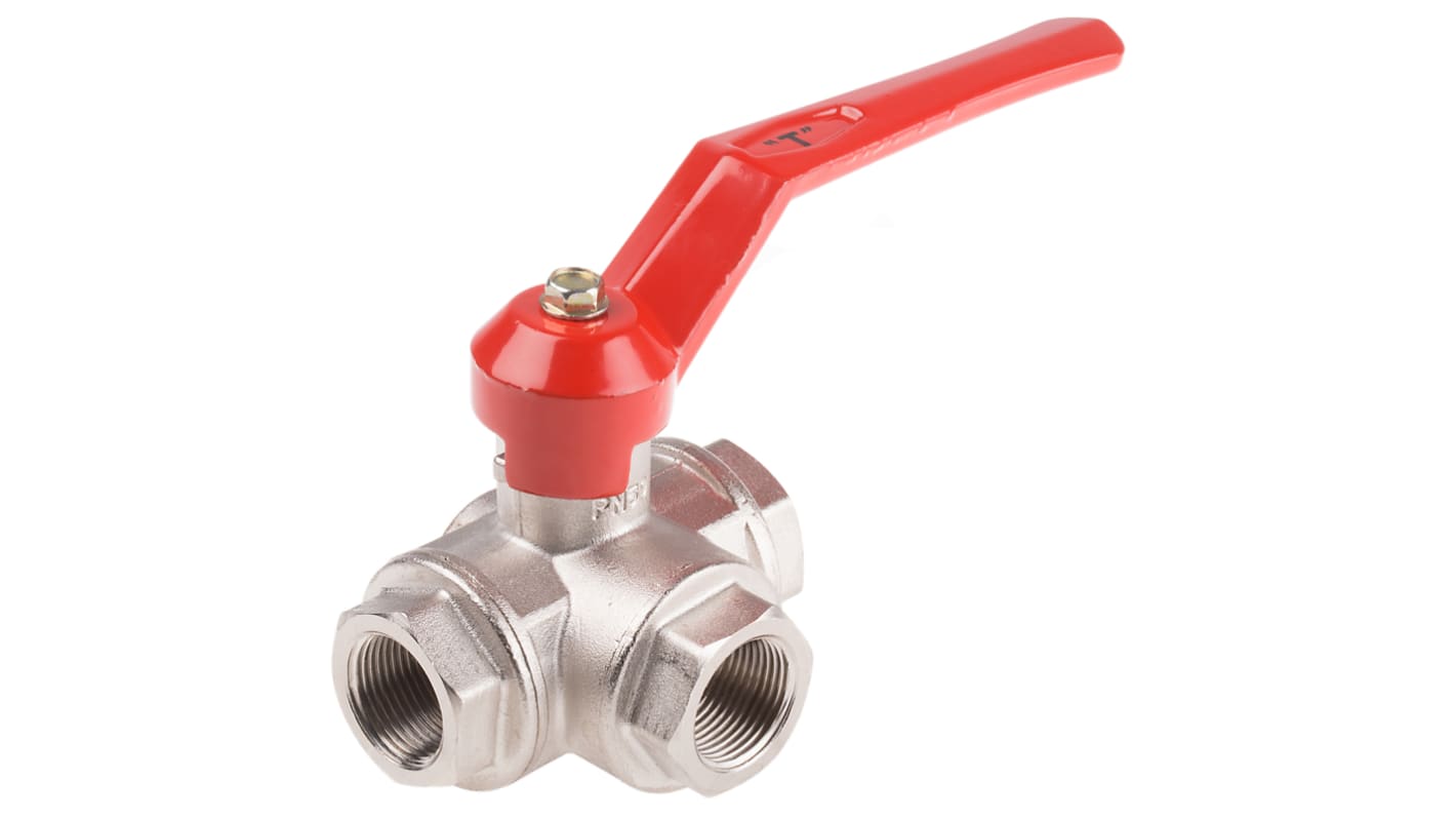 RS PRO Brass Reduced Bore, 3 Way, Ball Valve, BSPP 3/4in, 45bar Operating Pressure