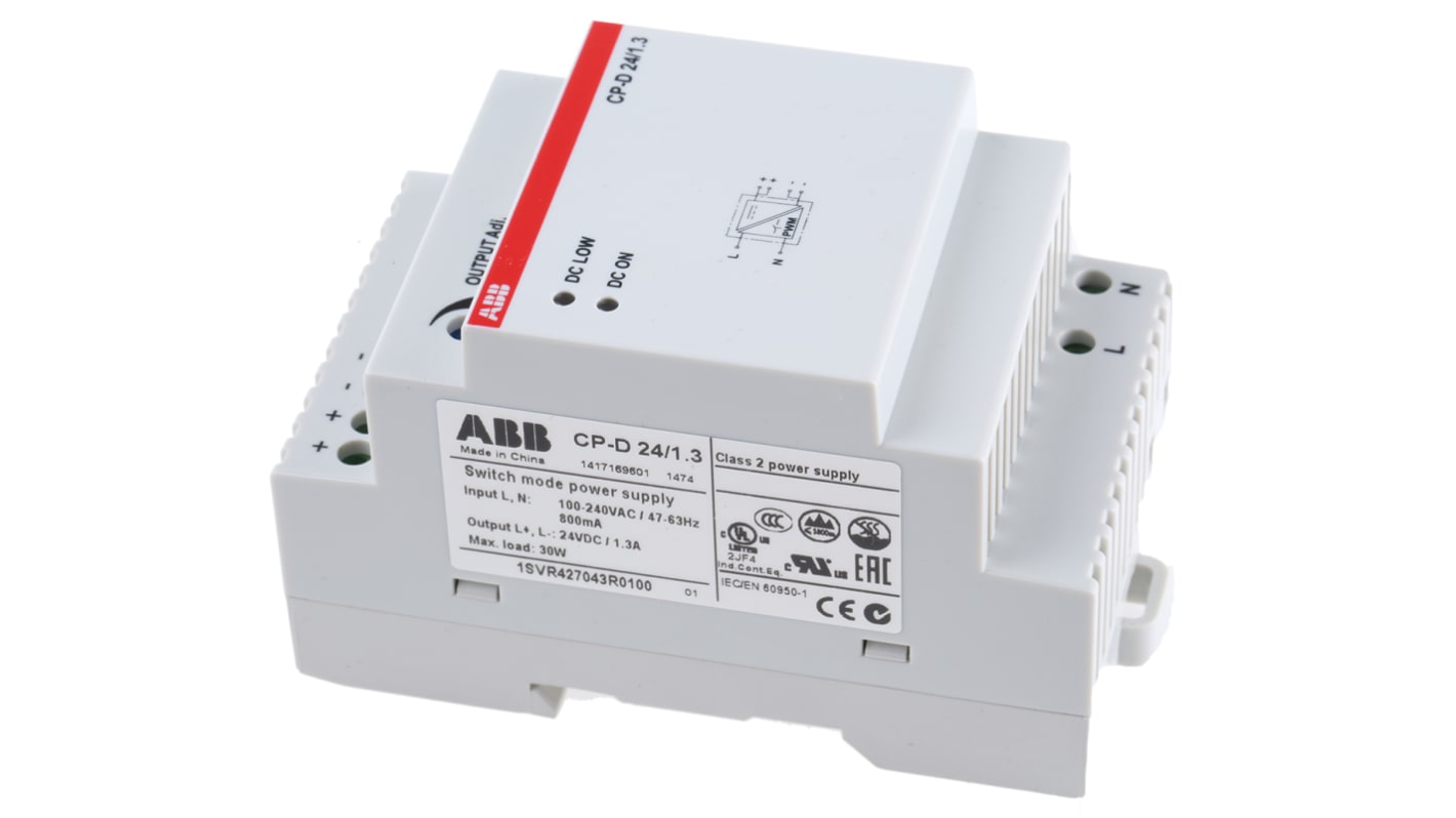 Zasilacz szyny DIN U wy 24V dc I wy 1.3A U we 90 → 264 V ac / 120 → 370V dc ABB 30W