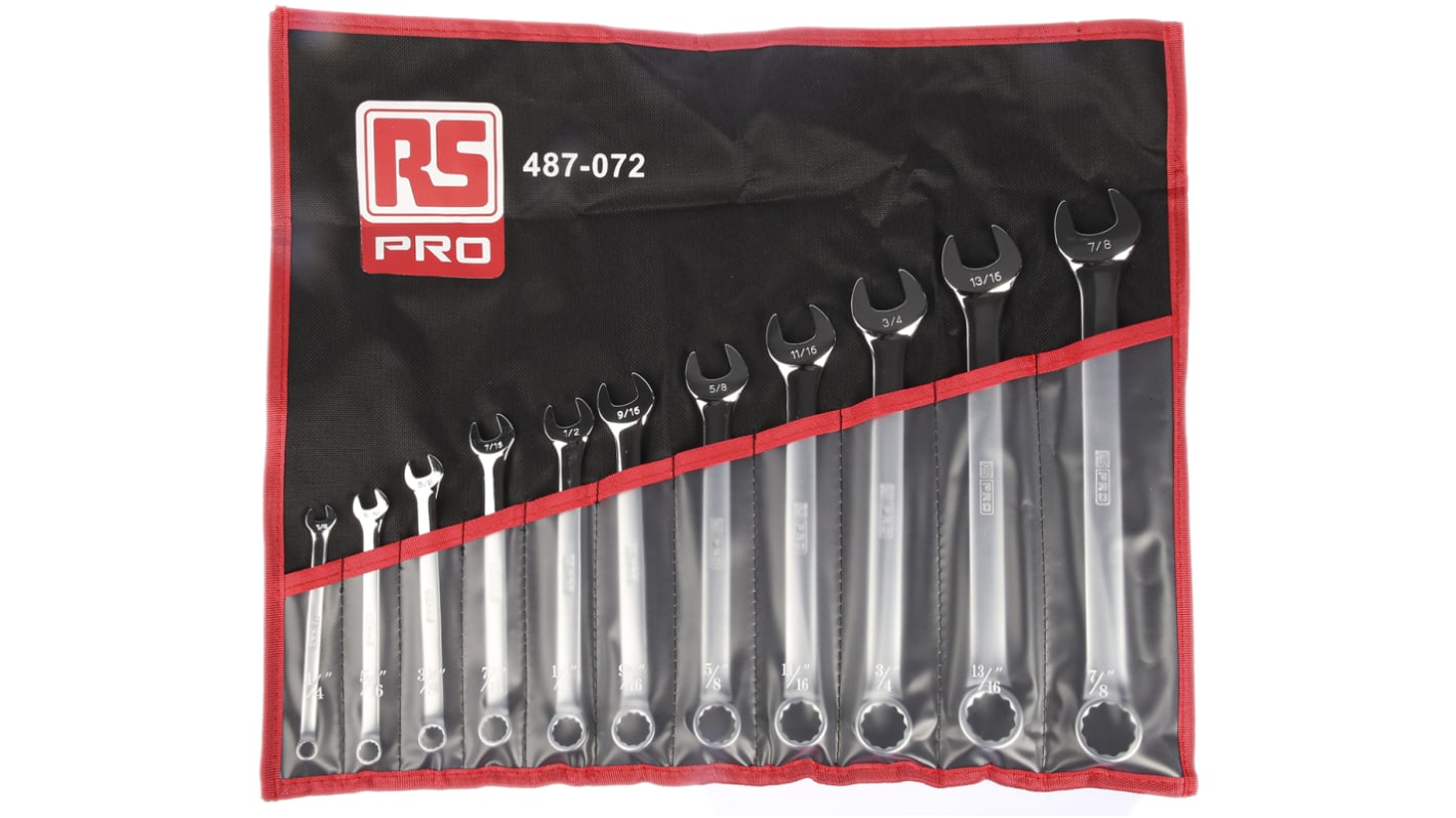 RS PRO 11-Piece Spanner Set, 1/4 → 7/8 in, Chrome Vanadium Steel