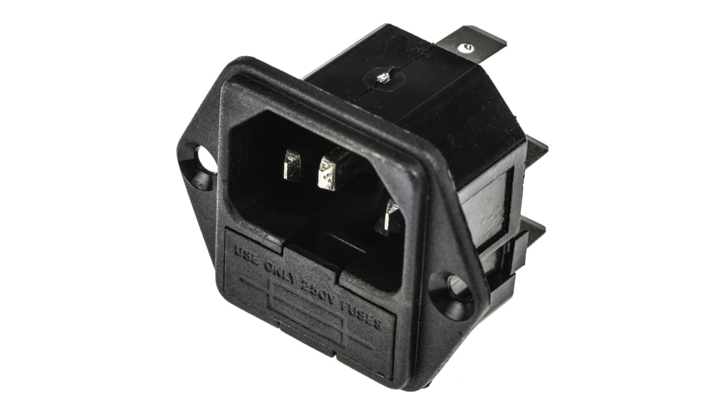 Conector IEC C14 macho Bulgin, Montaje en Panel, 250 V, 10A, con 1 fusible de 5 x 20mm