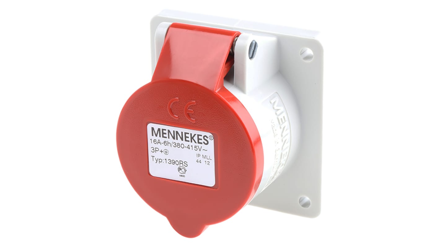 MENNEKES IP44 Red Panel Mount 4P Industrial Power Socket, Rated At 16A, 400 V