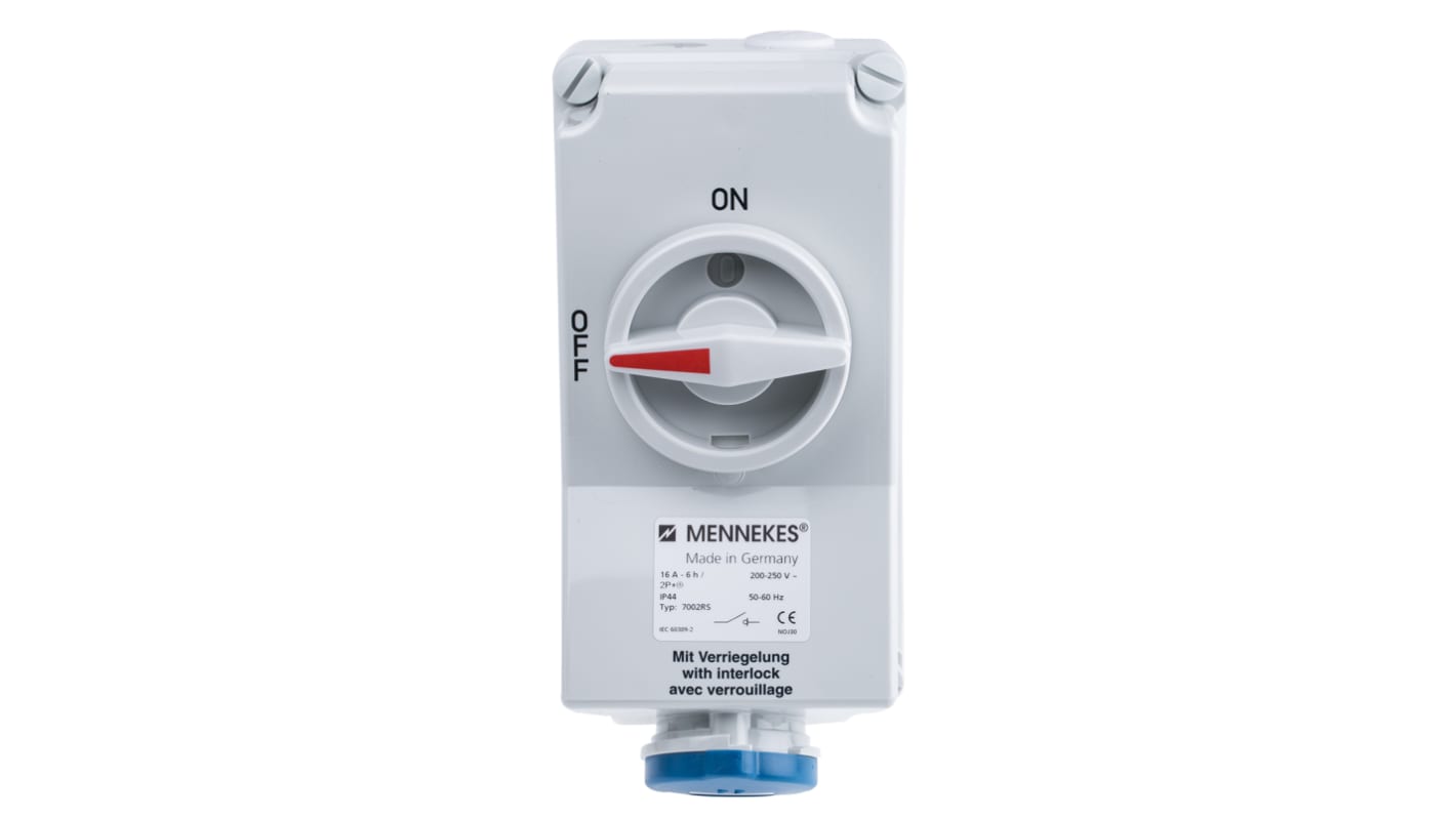MENNEKES Switchable IP44 Industrial Interlock Socket 2P+E, Earthing Position 6h, 16A, 230 V