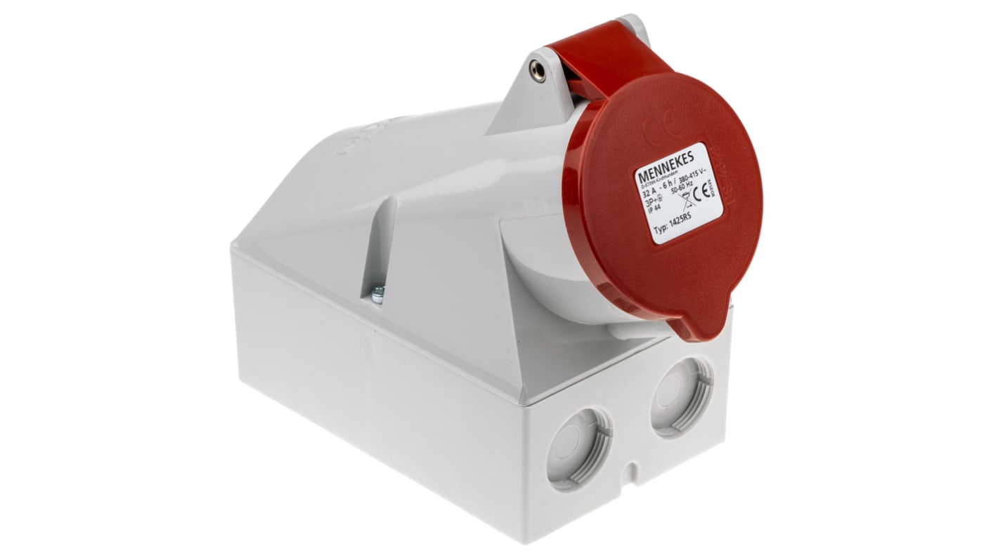 MENNEKES IP44 Red Wall Mount 4P Right Angle Socket, Rated At 32A, 415 V