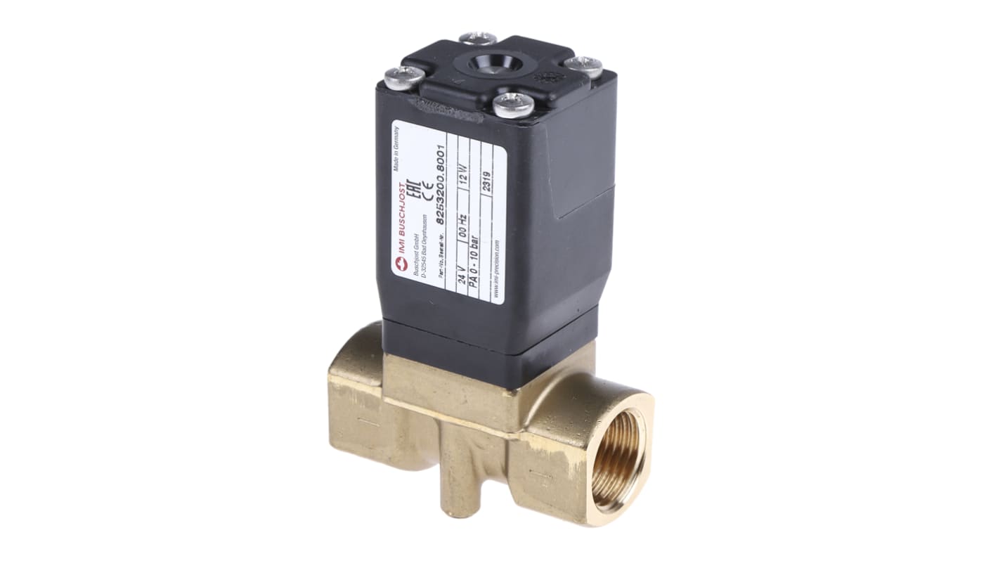 Buschjost 双通先导式电磁阀, 24 V 直流电源, 1/2 in G 内螺纹接口, 黄铜主体, 用于空气、中性液体、油、水, 82530系列