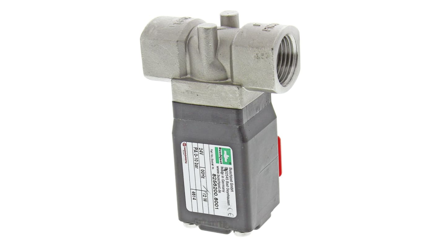 Buschjost 双通先导式电磁阀, 24 V 直流电源, 1/2 in G 内螺纹接口, 不锈钢主体, 用于腐蚀性气体、腐蚀性液体, 82560系列