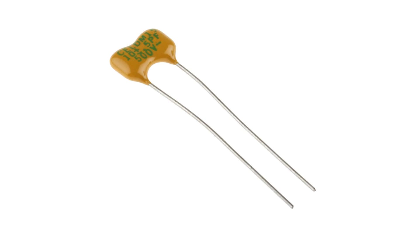 Condensateur mica, 10pF, 500V c.c., 11.43 x 4.32 x 9.14mm, pas de 5.72mm, +150 °C → -55 °C.