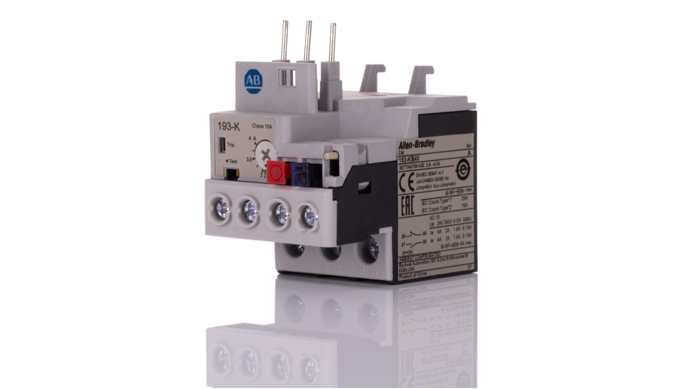 Allen Bradley 193-K Overload Relay 1NO + 1NC, 2.9 → 4 A F.L.C, 4 A Contact Rating, 6 W, 690 Vac, Bulletin