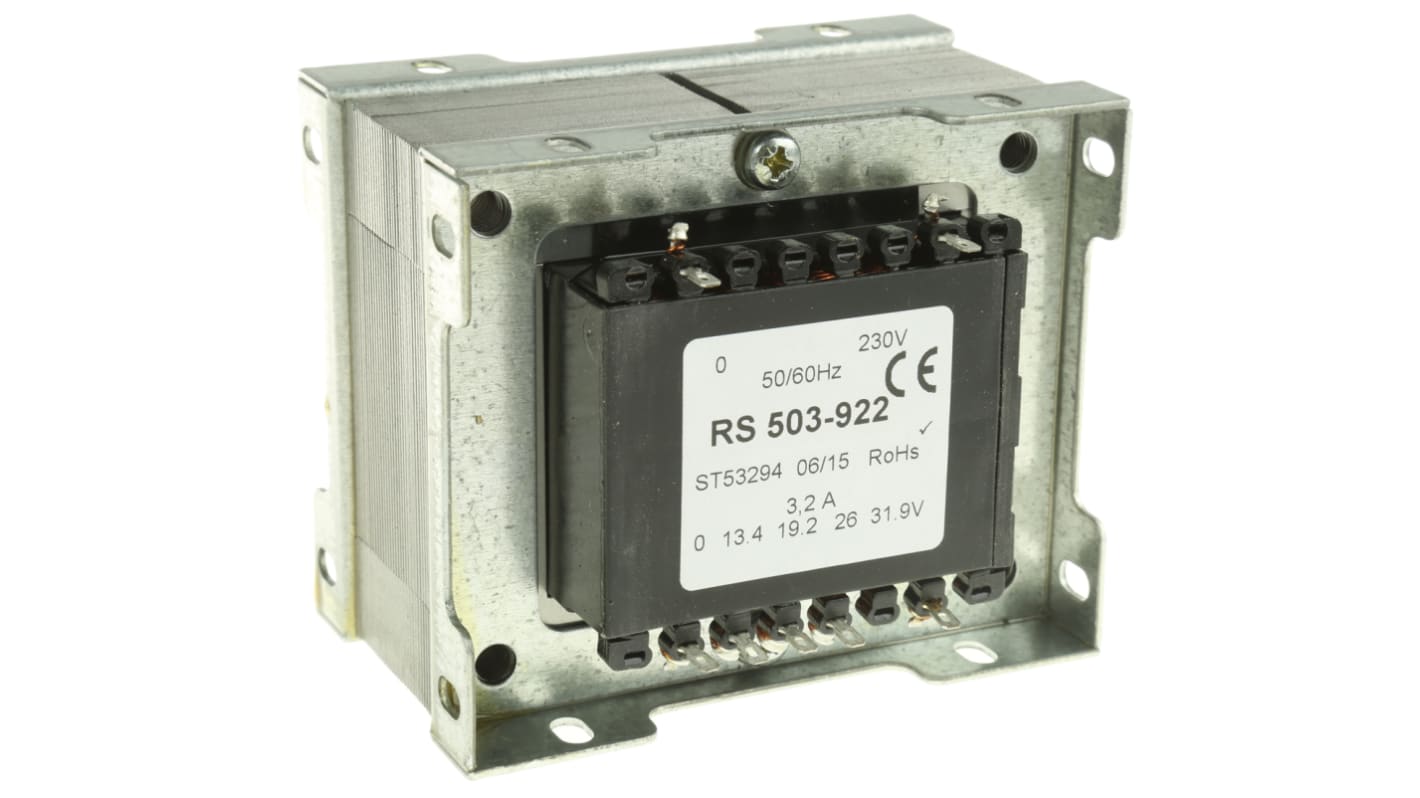 Transformator do zabudowy Napięcie wtórne 13.4V ac 102VA Napięcie pierwotne 230V ac 1-wyjściowy 87% RS PRO