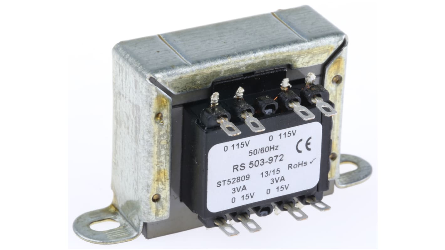 Transformator do zabudowy Napięcie wtórne 15V ac 6VA Napięcie pierwotne 115V ac 2-wyjściowy 80% RS PRO
