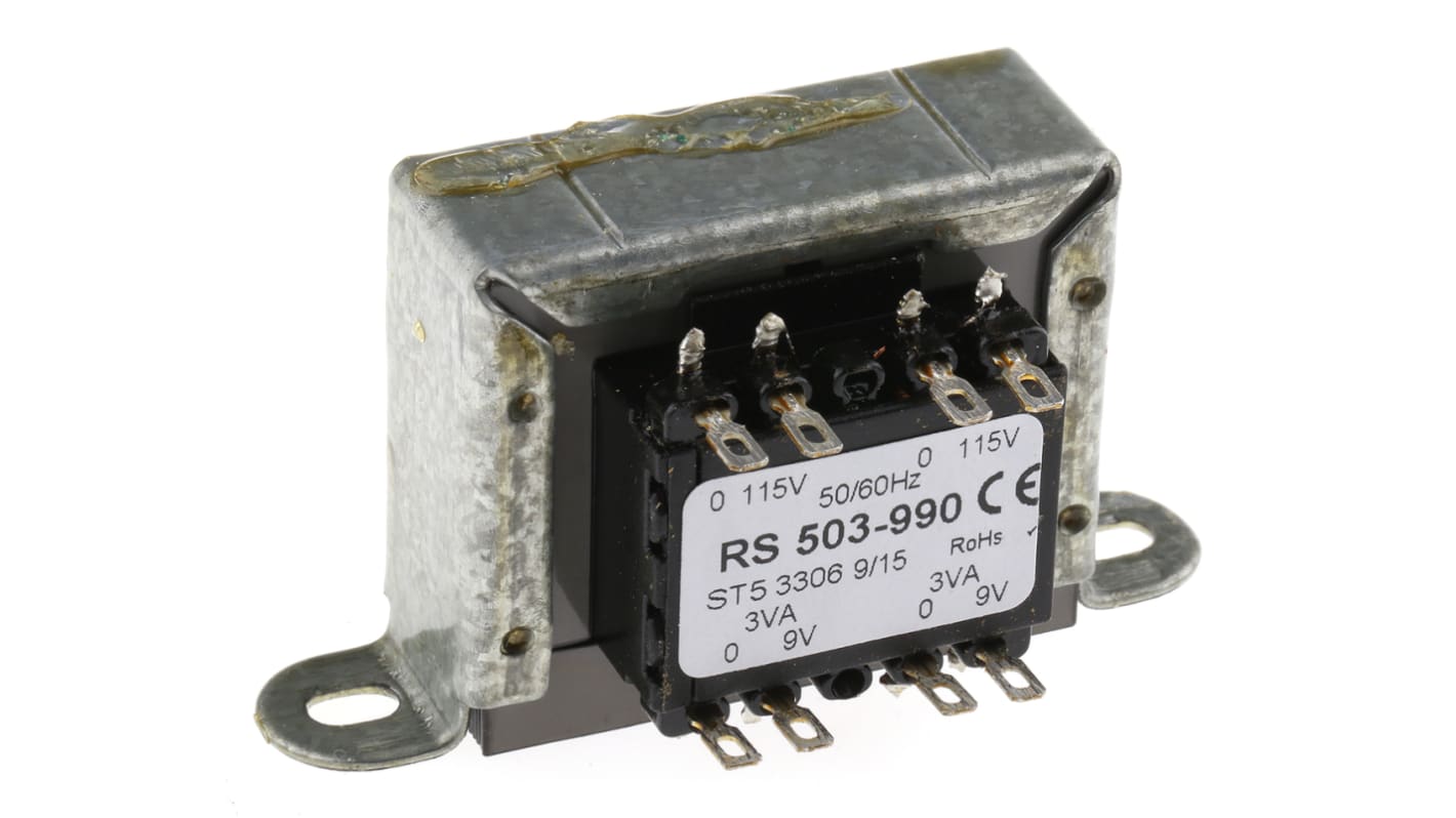 Transformator do zabudowy Napięcie wtórne 9V ac 6VA Napięcie pierwotne 115V ac 2-wyjściowy 80% RS PRO