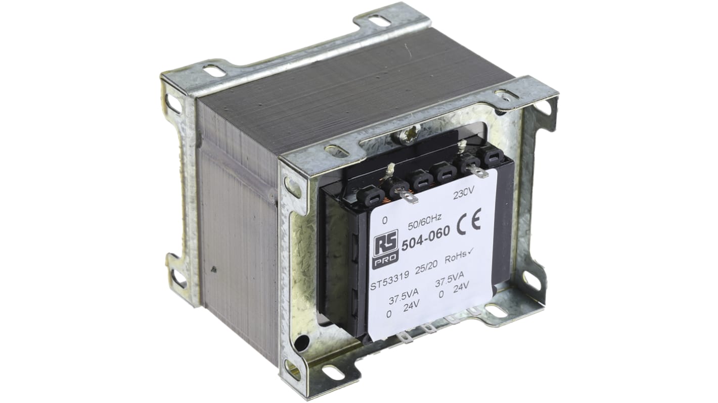 Trasformatore RS PRO, primario 230V ca, secondario 24V ca 86%, 75VA, 2 uscite, Pannello 22Ω