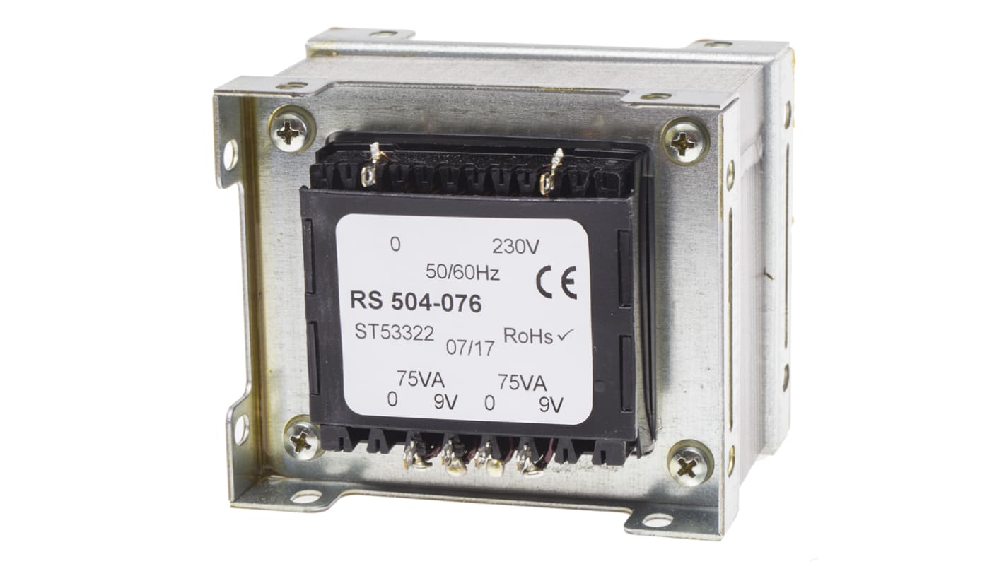 Transformator do zabudowy Napięcie wtórne 9V ac 150VA Napięcie pierwotne 230V ac 2-wyjściowy 90% RS PRO