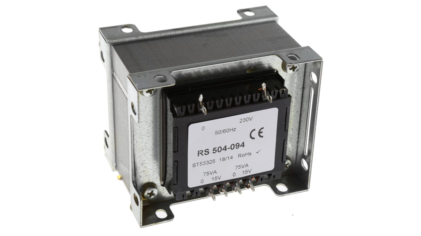 Transformator do zabudowy Napięcie wtórne 15V ac 150VA Napięcie pierwotne 230V ac 2-wyjściowy 90% RS PRO