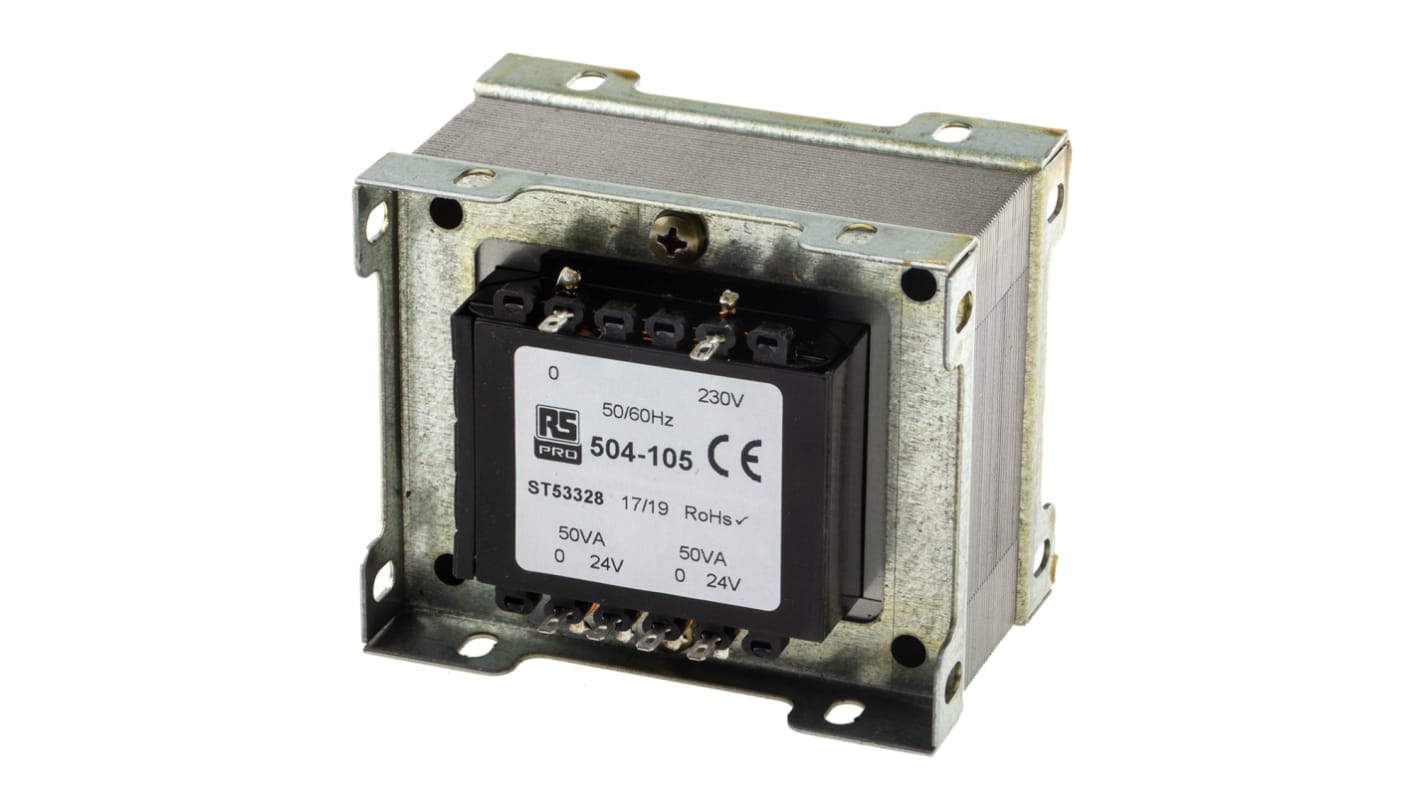 RS PRO 100VA隔离变压器, 初级230V 交流, 次级24V 交流, 2输出, 底盘式