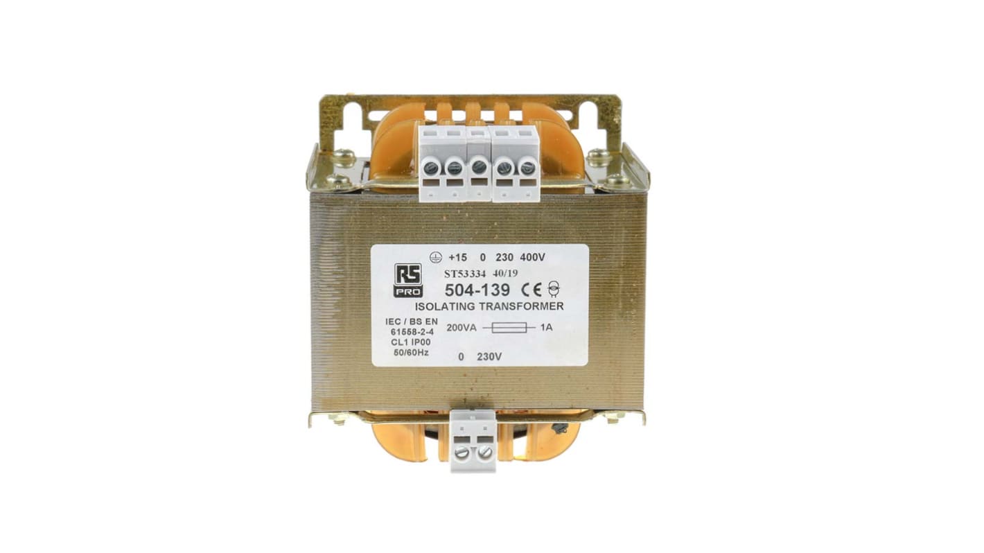 Transformator do zabudowy Napięcie wtórne 230V ac 200VA Napięcie pierwotne 230V ac 1-wyjściowy 90% RS PRO