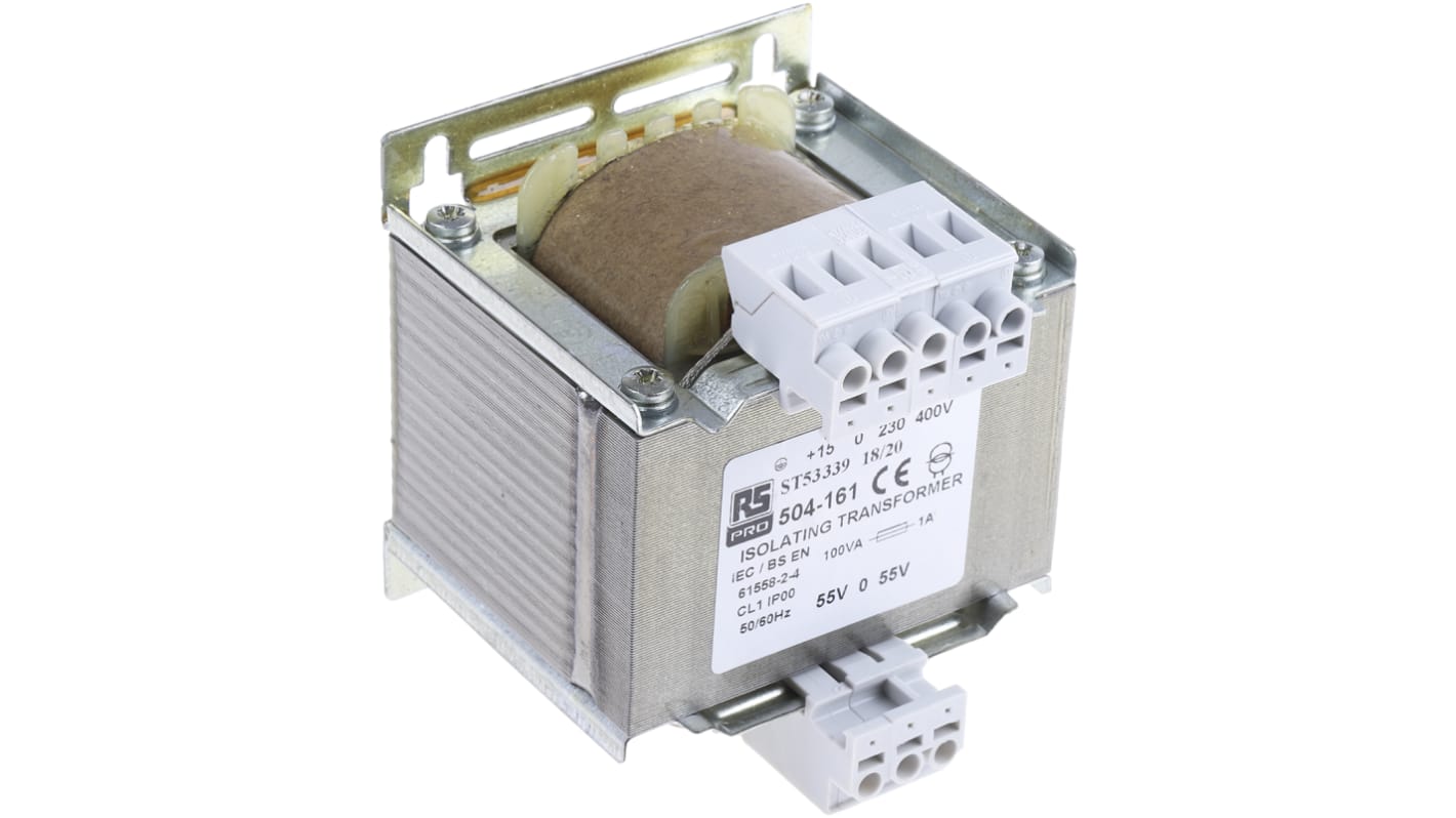 Transformator do zabudowy Napięcie wtórne 55V ac 100VA Napięcie pierwotne 230V ac 1-wyjściowy 87% RS PRO