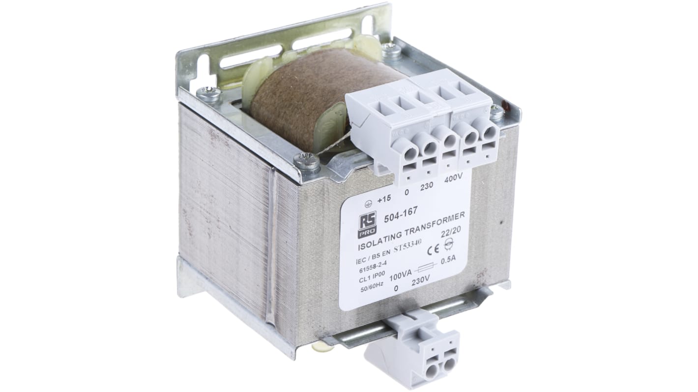RS PRO 100VA隔离变压器, 初级230 V ac, 245 V ac, 400 V ac, 415V 交流, 次级230V 交流, 1输出, 面板式