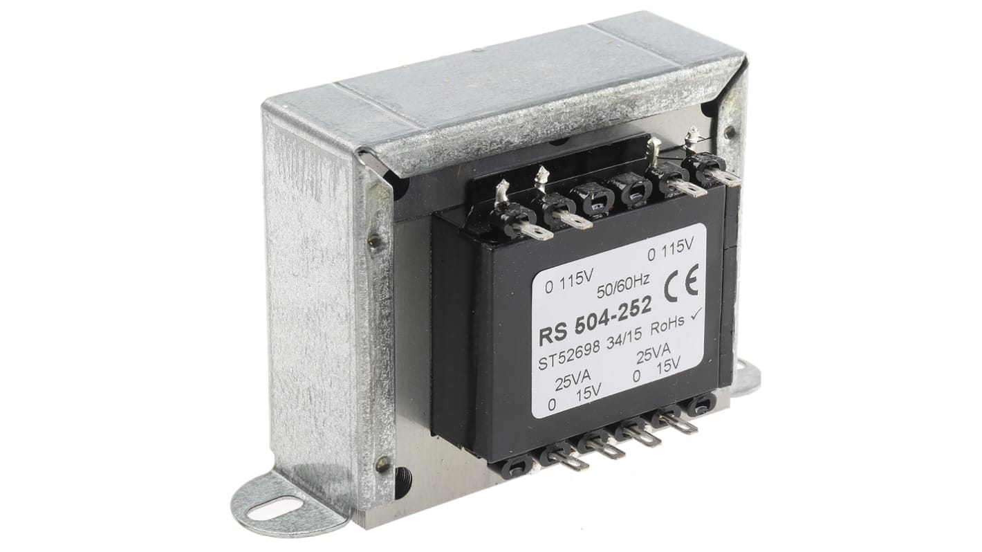 Transformator do zabudowy Napięcie wtórne 15V ac 50VA Napięcie pierwotne 115V ac 2-wyjściowy 84% RS PRO