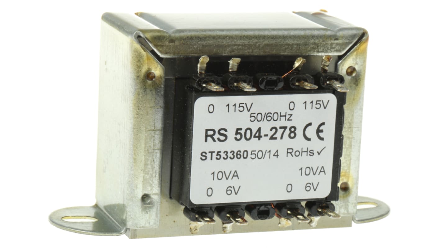 Transformator do zabudowy Napięcie wtórne 6V ac 20VA Napięcie pierwotne 115V ac 2-wyjściowy 80% RS PRO