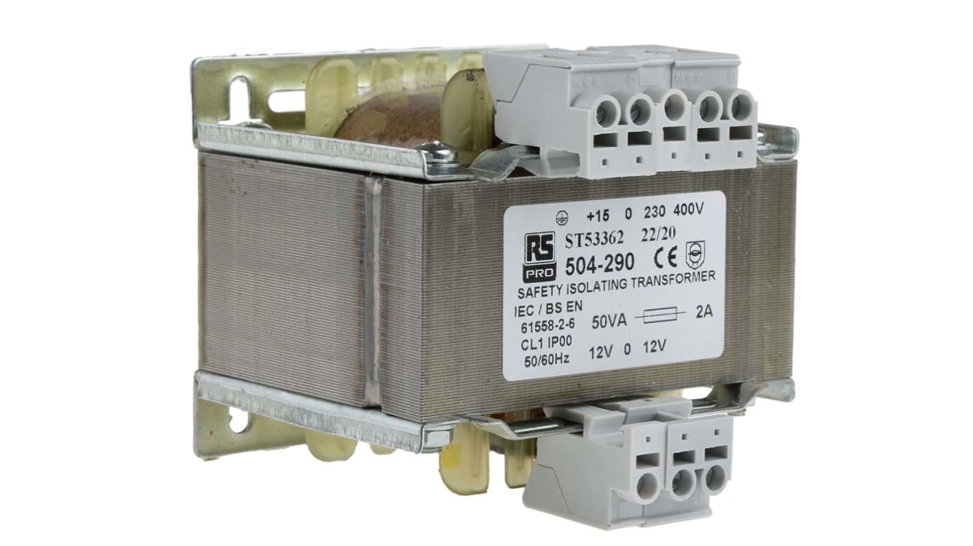 Transformator do zabudowy Napięcie wtórne 12V ac 50VA Napięcie pierwotne 230V ac 1-wyjściowy 84% RS PRO