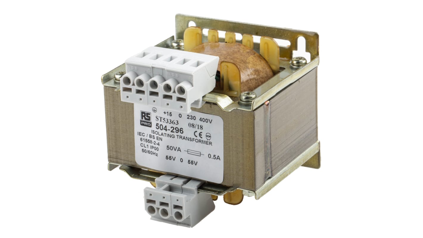 Transformator do zabudowy Napięcie wtórne 55V ac 50VA Napięcie pierwotne 230V ac 1-wyjściowy 84% RS PRO