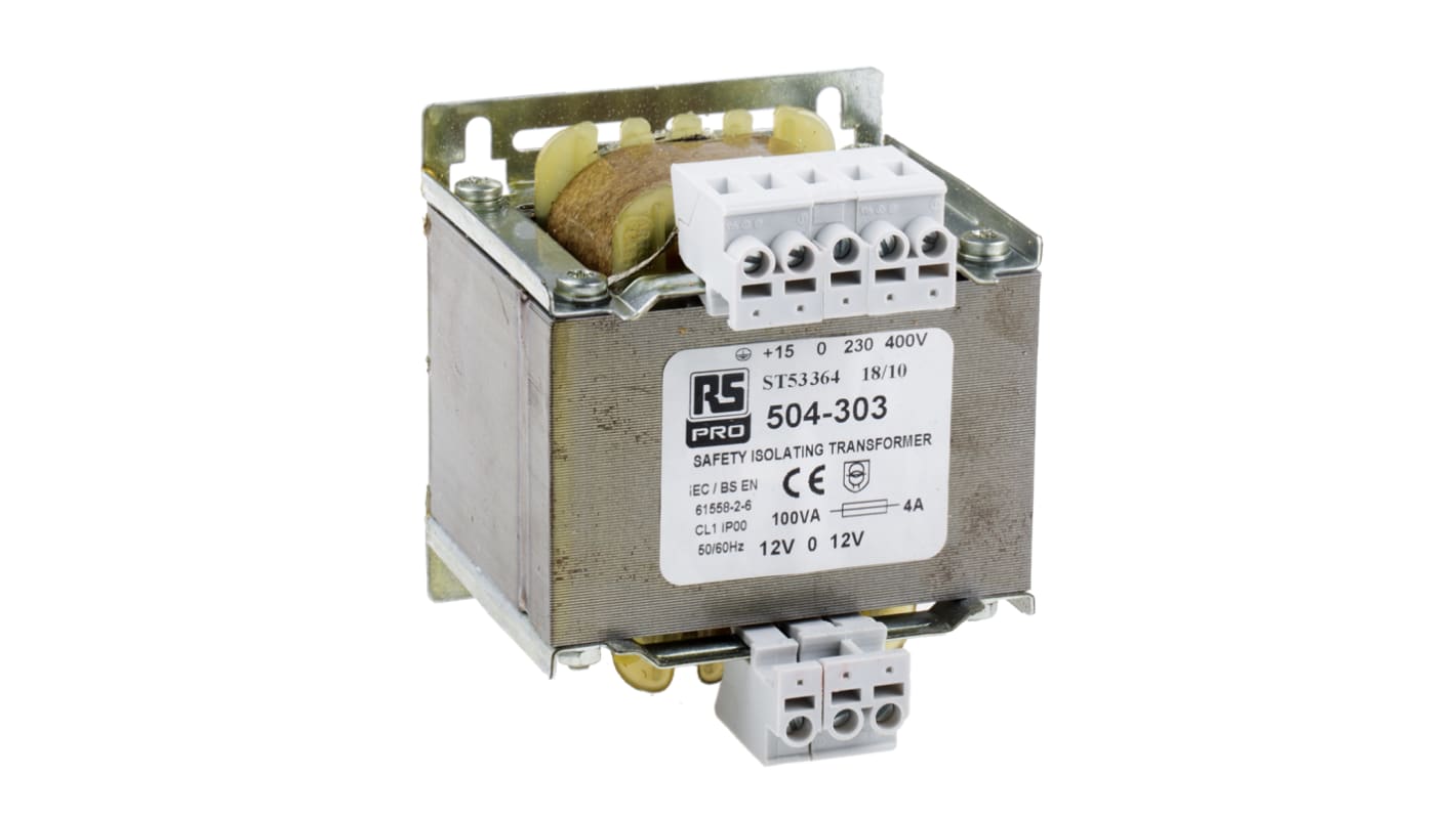 Transformator do zabudowy Napięcie wtórne 12V ac 100VA Napięcie pierwotne 230V ac 1-wyjściowy 87% RS PRO
