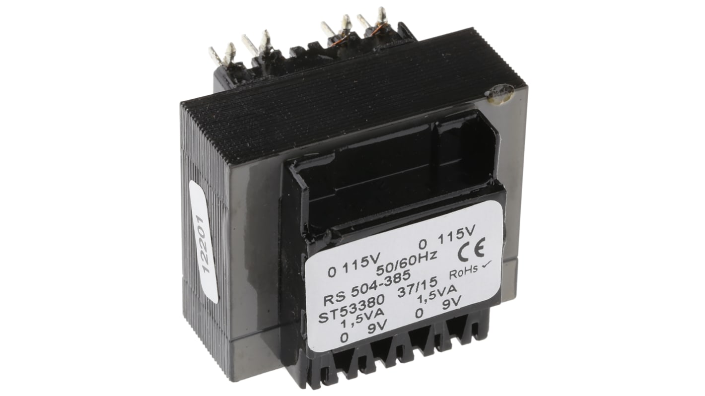 RS PRO PCB变压器, 3VA, 初级115 V ac, 230 V ac, 次级9V 交流, 2输出, 通孔安装, 38 x 35 x 30mm