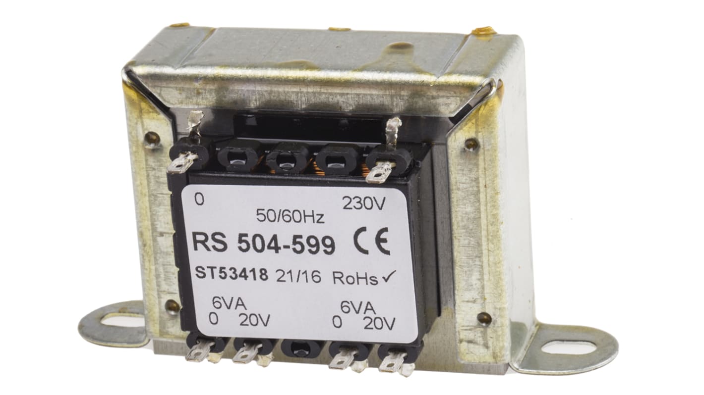 RS PRO 12VA隔离变压器, 初级230V 交流, 次级20V 交流, 2输出, 夹具式