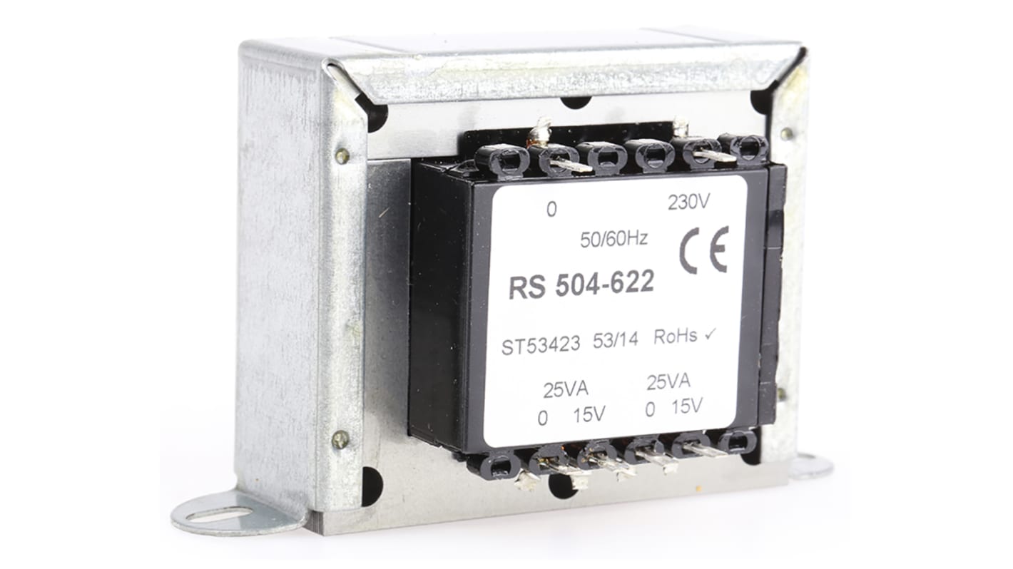 Transformator do zabudowy Napięcie wtórne 15V ac 50VA Napięcie pierwotne 230V ac 2-wyjściowy 84% RS PRO