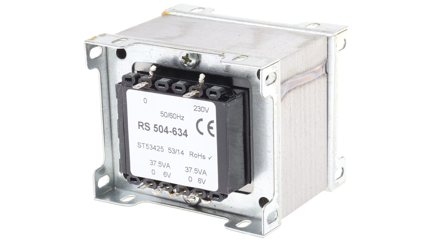 Transformator do zabudowy Napięcie wtórne 6V ac 75VA Napięcie pierwotne 230V ac 2-wyjściowy 86% RS PRO