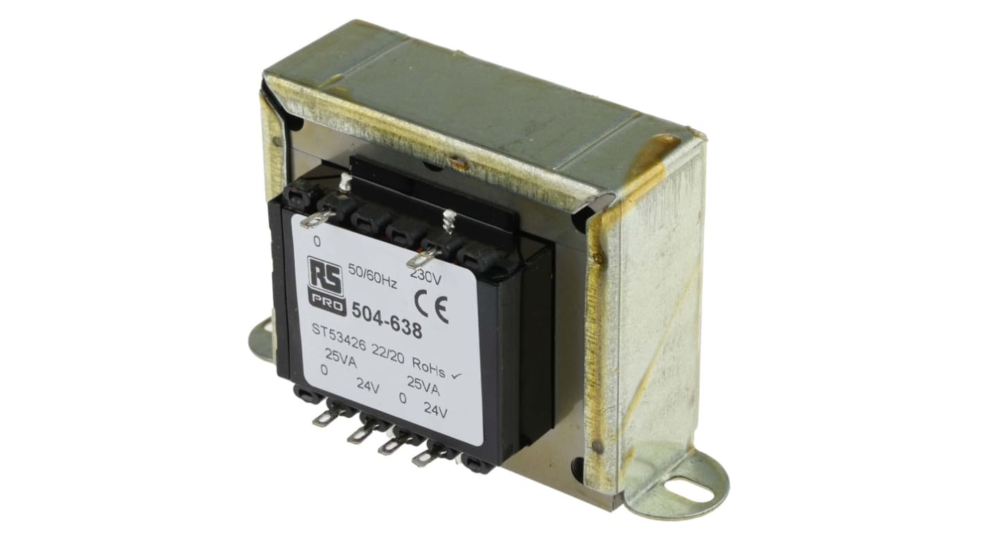 Transformator do zabudowy Napięcie wtórne 24V ac 50VA Napięcie pierwotne 230V ac 2-wyjściowy 84% RS PRO