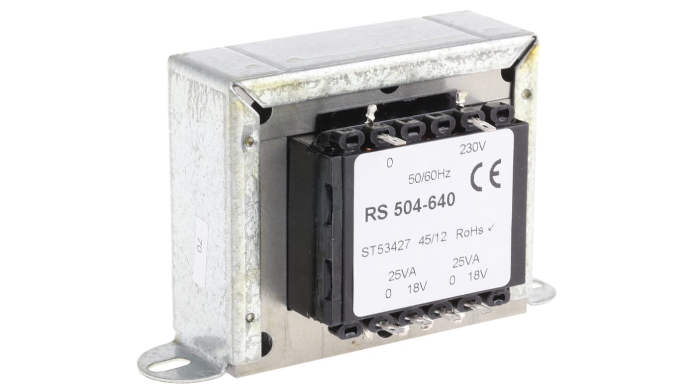 Transformator do zabudowy Napięcie wtórne 18V ac 50VA Napięcie pierwotne 230V ac 2-wyjściowy 84% RS PRO