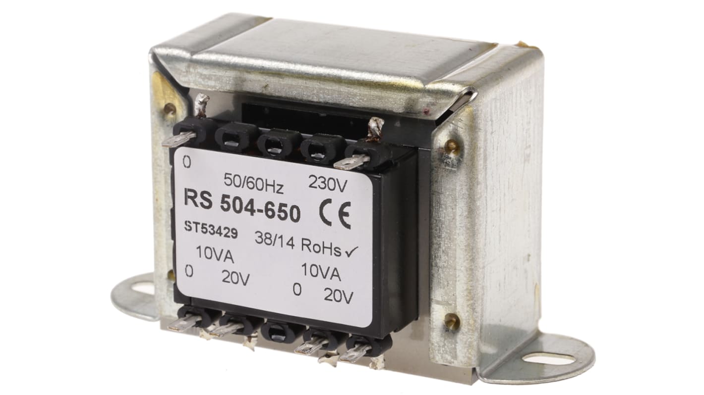 Transformator do zabudowy Napięcie wtórne 20V ac 20VA Napięcie pierwotne 230V ac 2-wyjściowy 80% RS PRO