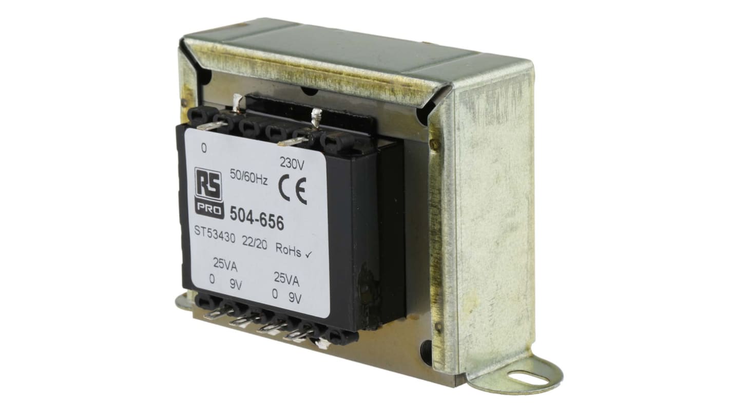 Transformator do zabudowy Napięcie wtórne 9V ac 50VA Napięcie pierwotne 230V ac 2-wyjściowy 84% RS PRO