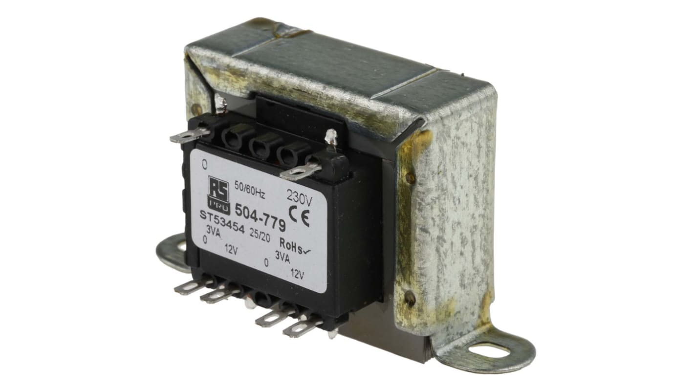 Transformator do zabudowy Napięcie wtórne 12V ac 6VA Napięcie pierwotne 230V ac 2-wyjściowy 80% RS PRO