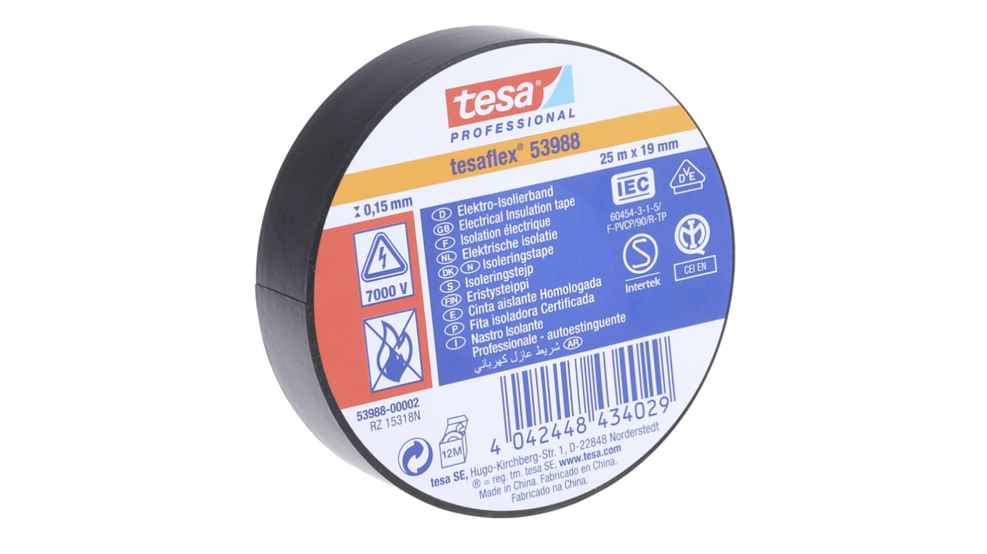 Tesa 软质PVC电气绝缘胶带, 黑色, 19mm宽 x 25m长 x 150mm厚, 最高+90°C, Tesa 53988, 4688