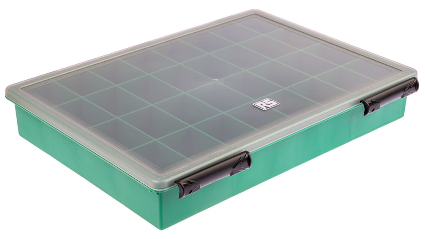 RS PRO 32格零件收纳盒, 338mm x 57mm x 260mm, , 带透明盖板, PP, 绿色