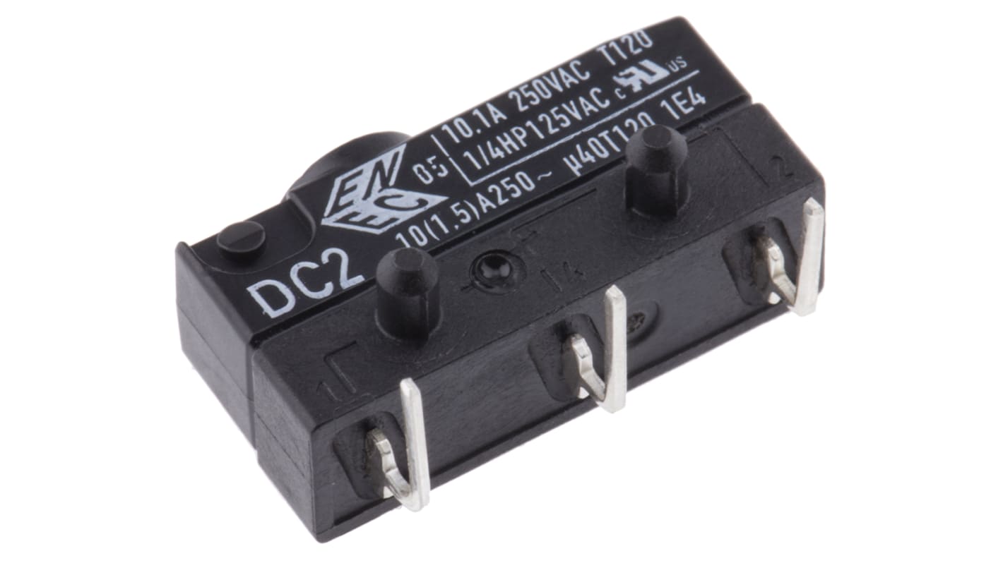 Microinterruttore, ZF, SPDT, 10,1 A a 250 V c.a., IP6K7, per PCB, inclinato a destra