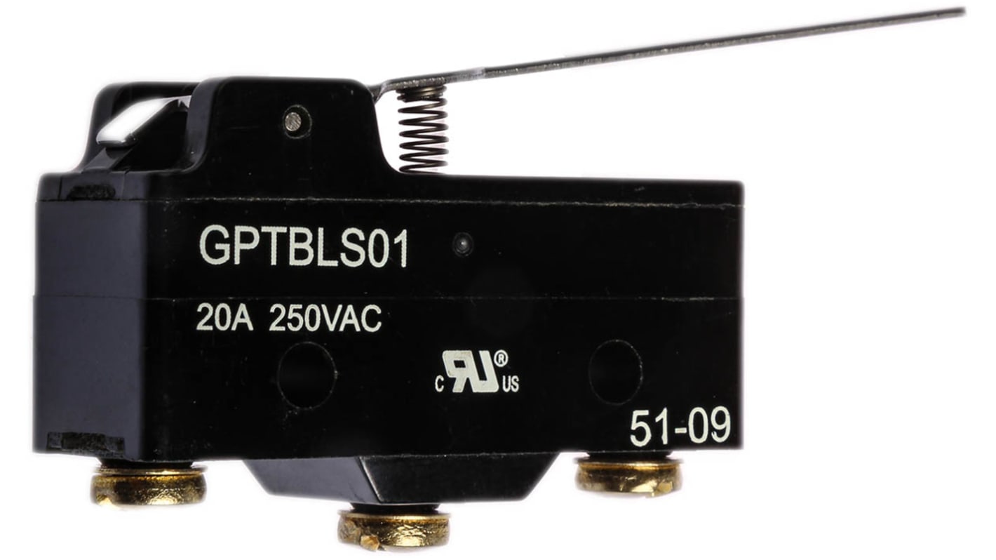 ZF Mikroschalter Scharnierhebel lang-Betätiger Schraub, 20 A @ 250 Vac, SPDT 0,78 N -20°C - +85°C